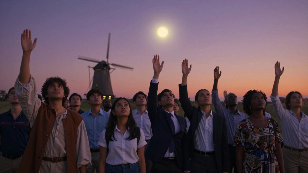 People from different cultures and eras all gaze toward a single glowing windmill on the horizon.