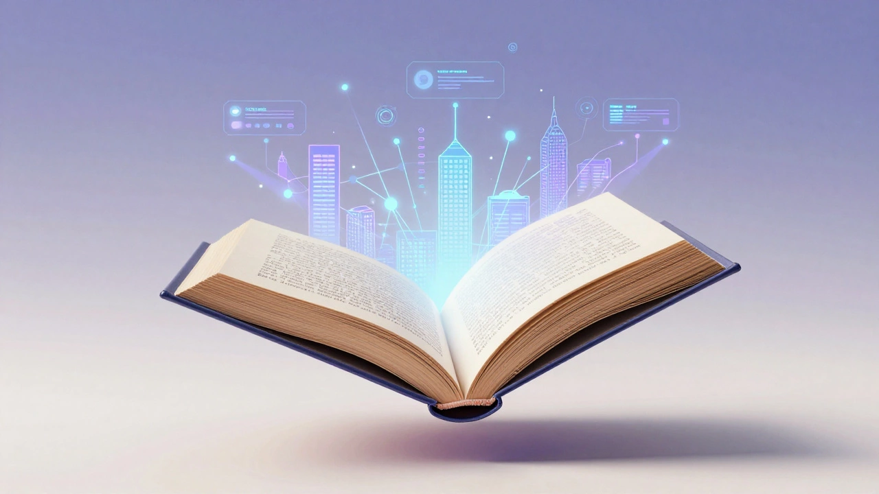 Physical book transforming into digital light streams in a futuristic scene