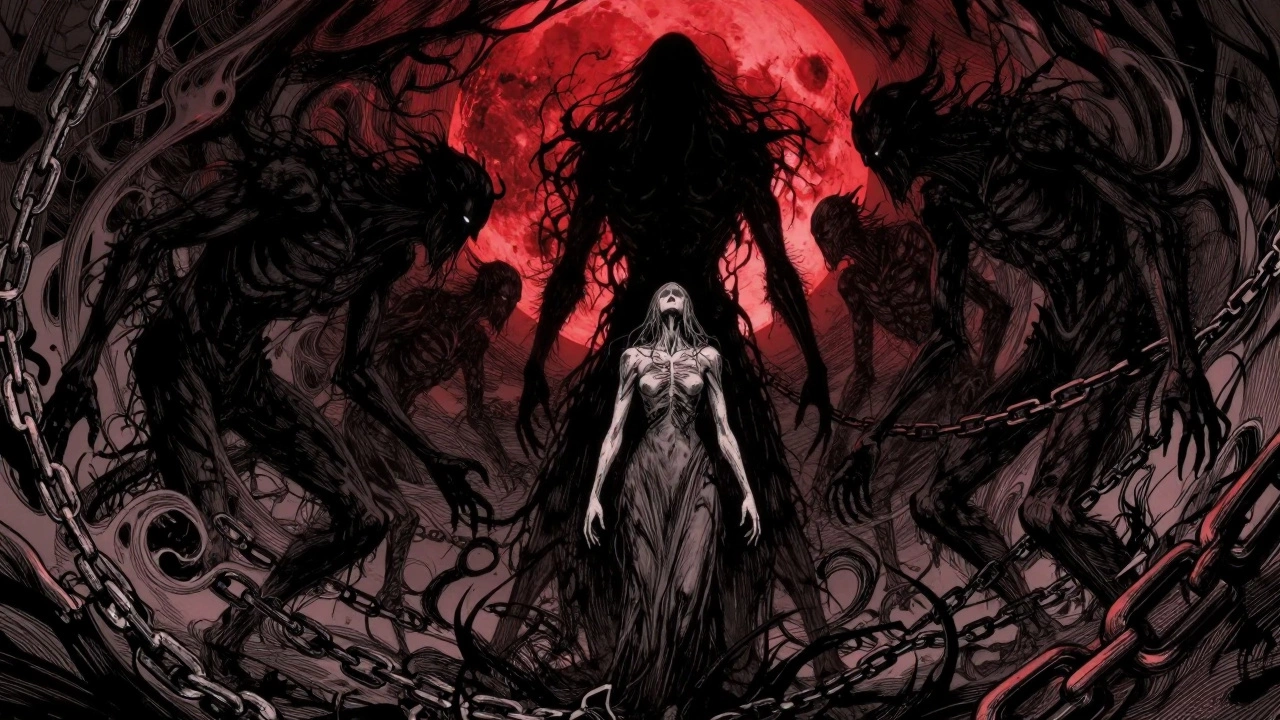 Shadowy demonic figures under a blood-red moon in dark art style.