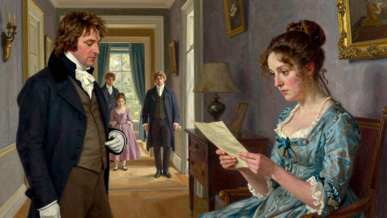 Split image showing Darcy and Elizabeth each seeing distorted versions of the other, based on their prejudices.