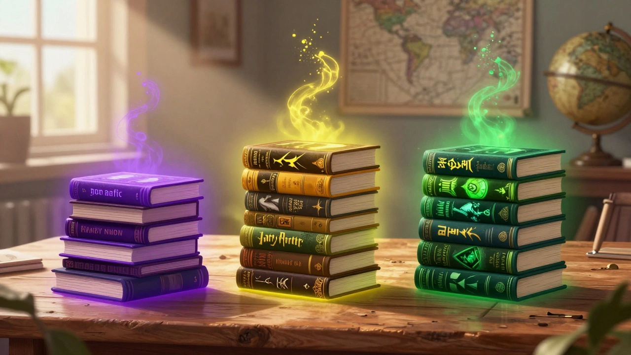 Three glowing book piles representing different fiction genres on a table