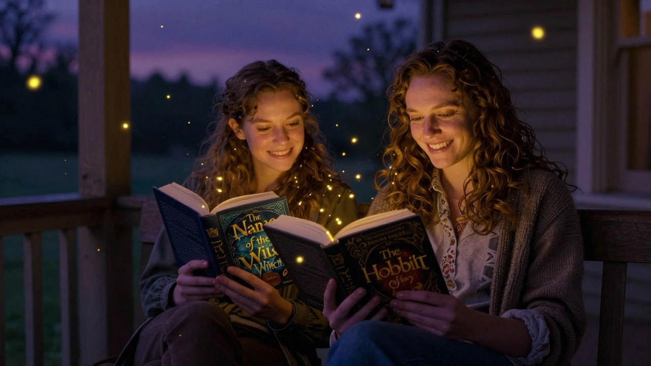 Two readers enjoy fantasy novels on a porch at dusk, fireflies swirling around them.