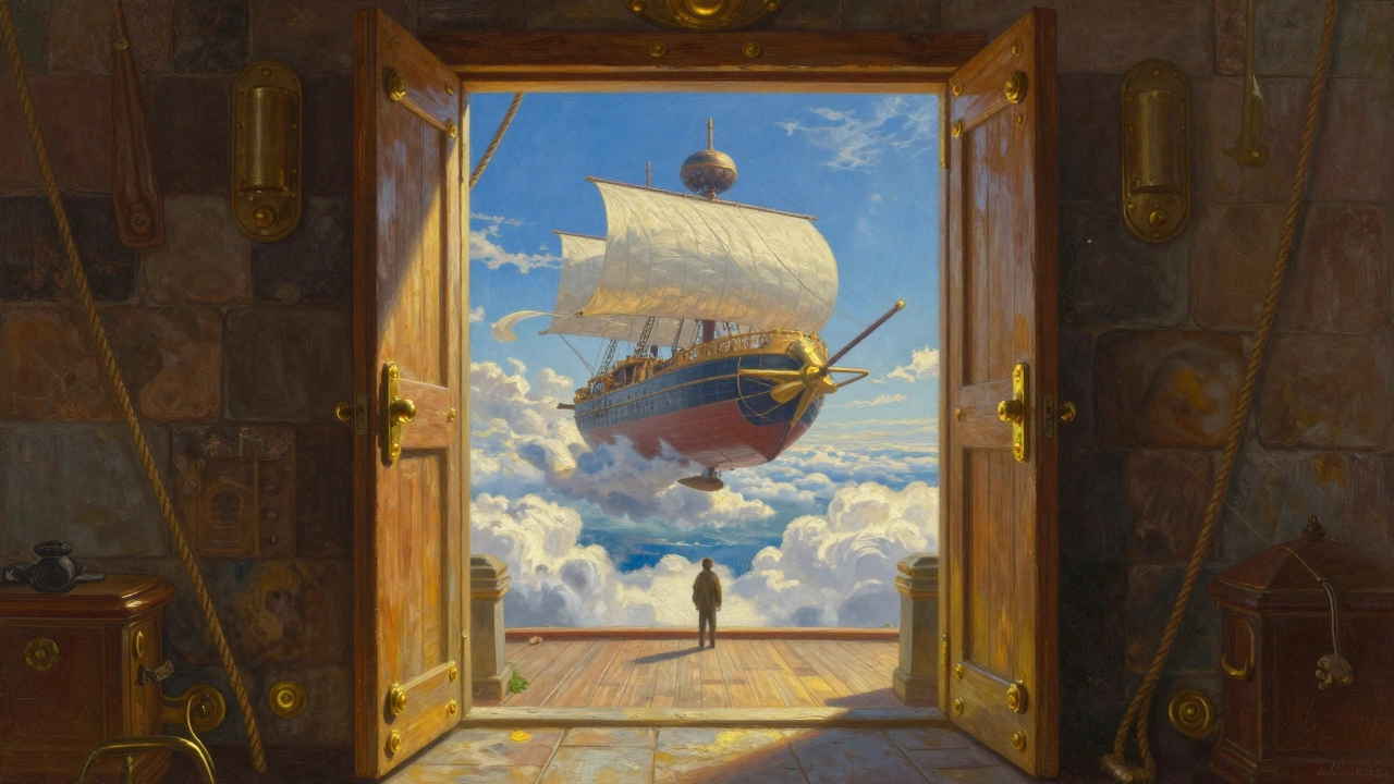 Wooden door opens to airship deck in the sky.