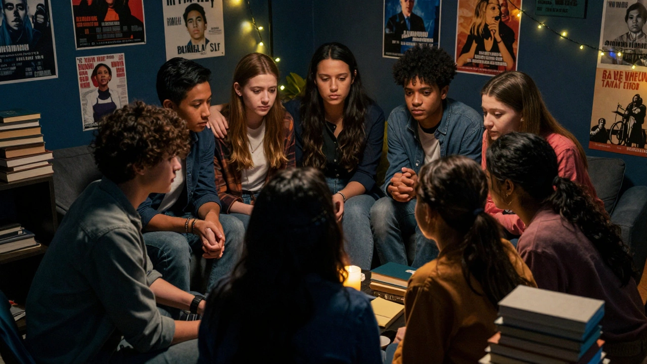 A diverse group of teenagers supporting each other in a cozy, dimly lit room filled with books.