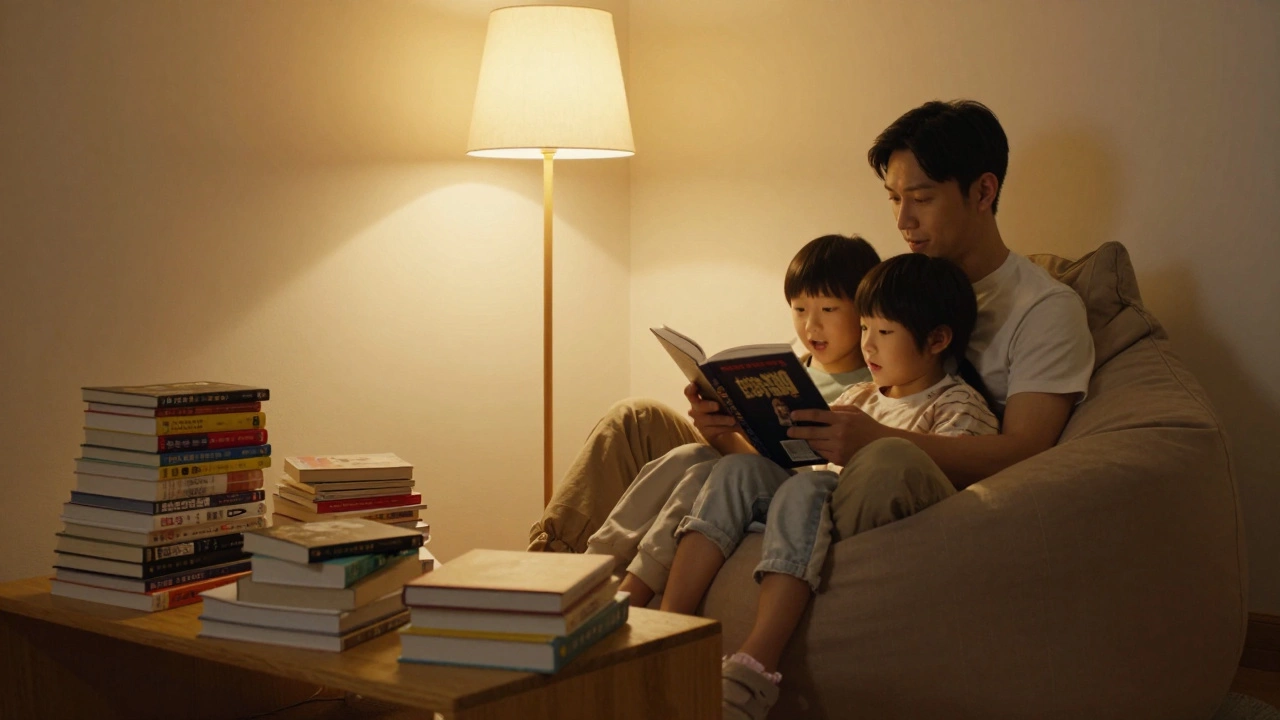 A parent reading a book aloud to a child in a cozy room with a beanbag and a pile of graphic novels.