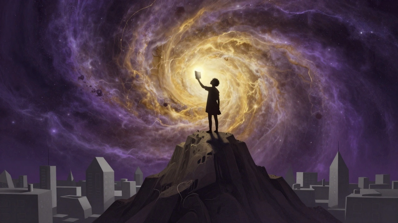 A silhouette of a teenager on a peak holding a glowing book against a cosmic sky and a grey city.