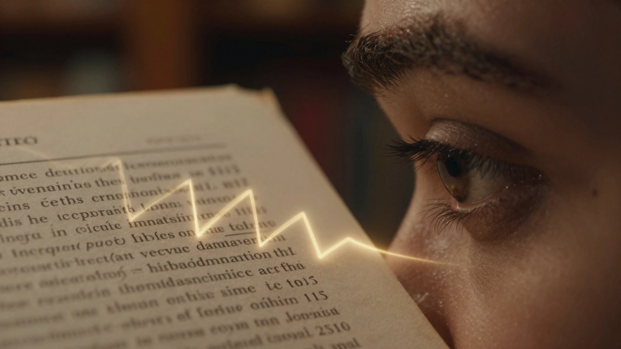 Close-up of a page with a glowing zigzag path highlighting specific keywords and dates.