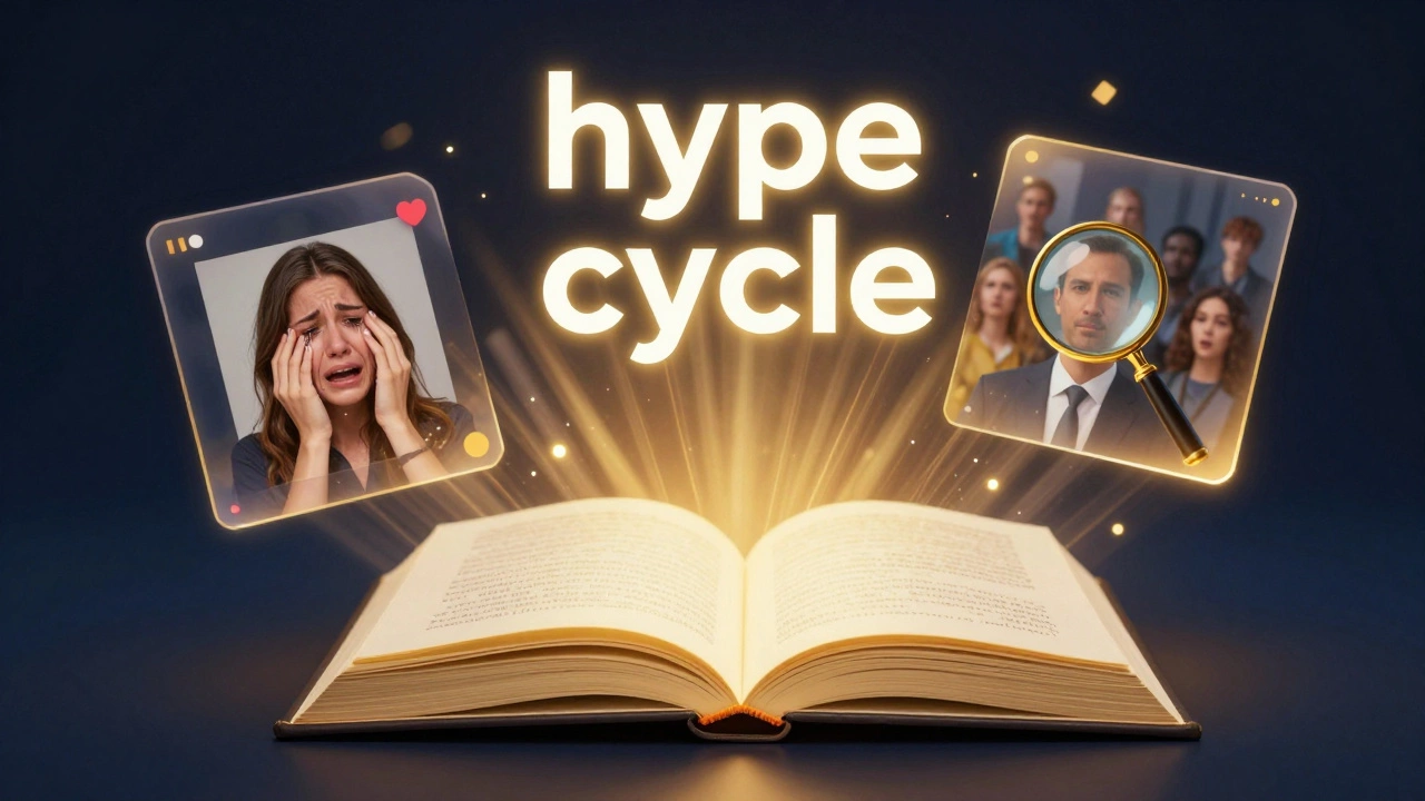 Conceptual art of a glowing book surrounded by social media and critic symbols