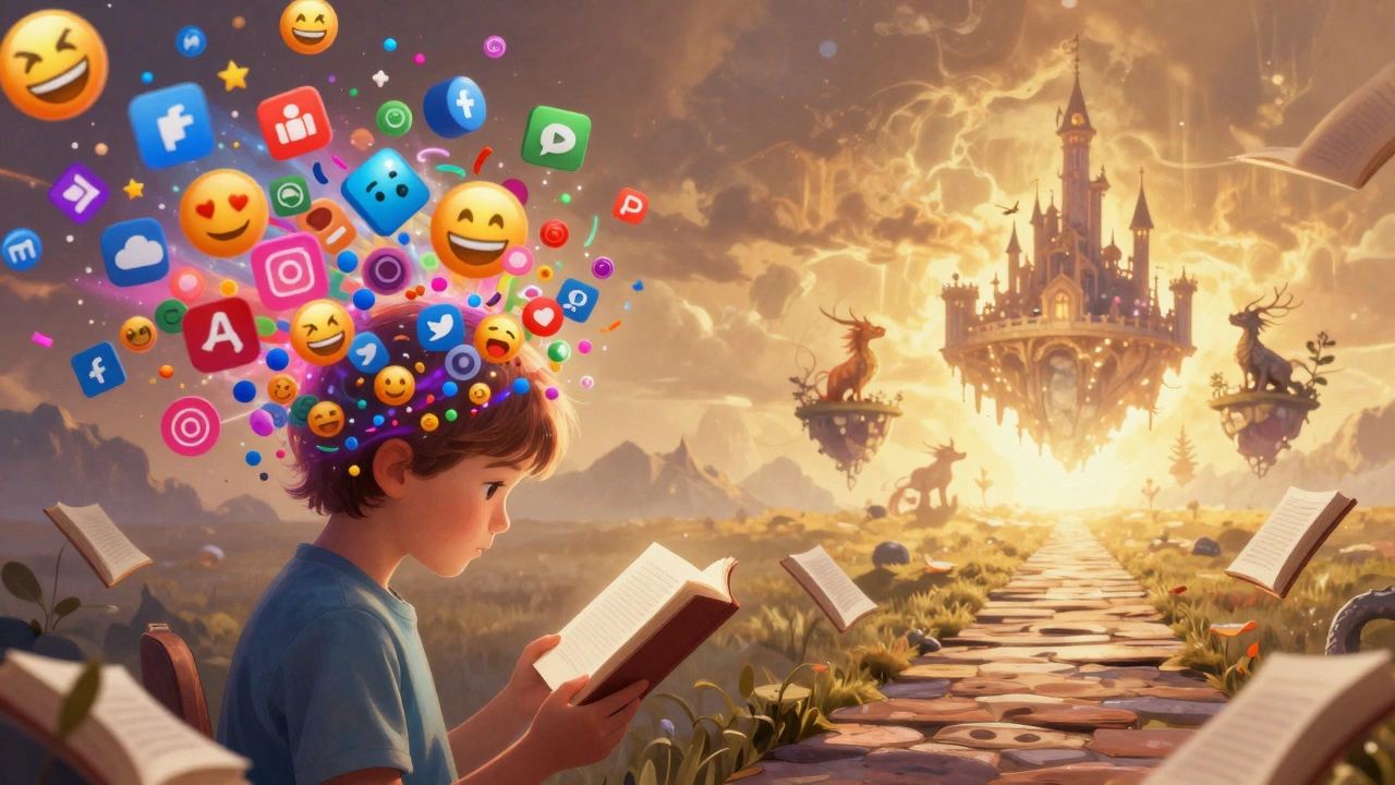 Conceptual art showing a child between a whirlwind of digital icons and a peaceful path of book pages.