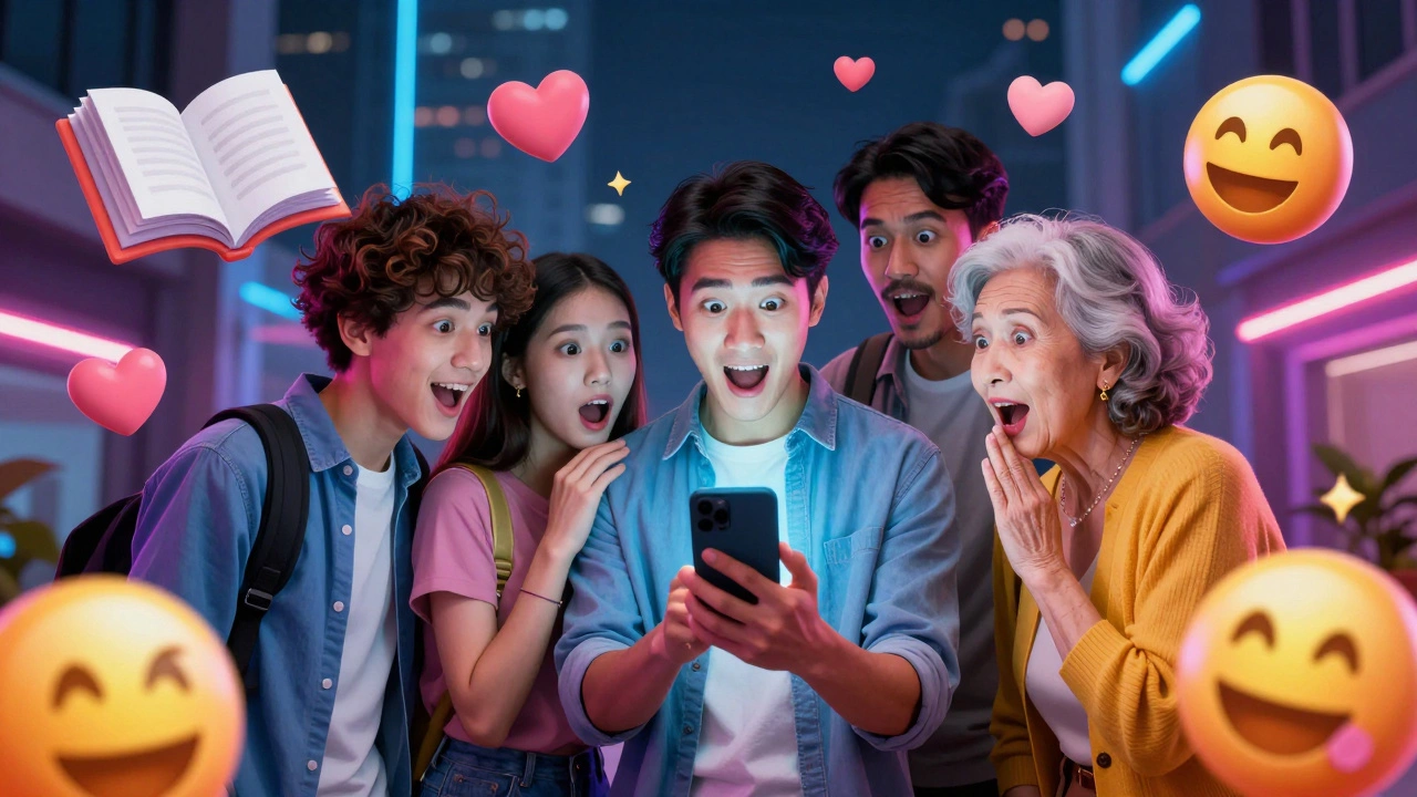 Diverse people of all ages reacting with excitement to book recommendations on a smartphone.