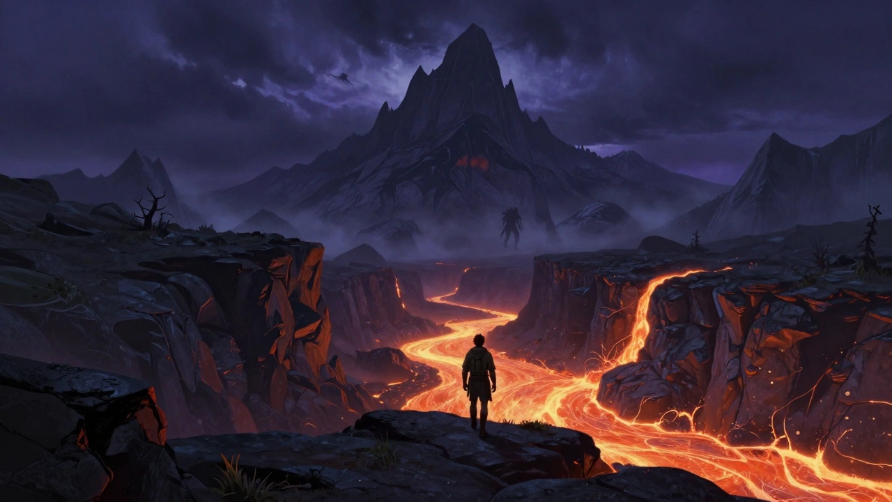 Small adventurer facing a giant creature in a jagged, volcanic landscape.