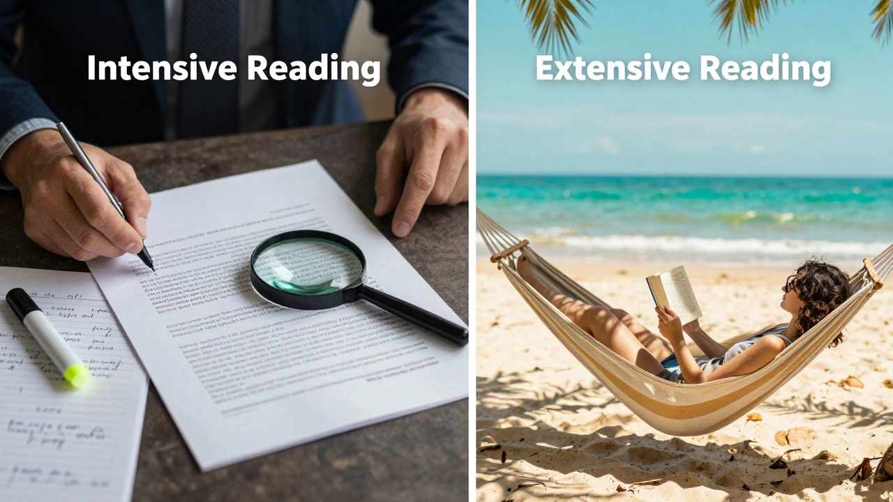 Split image contrasting a focused study desk with a relaxing beach reading scene.