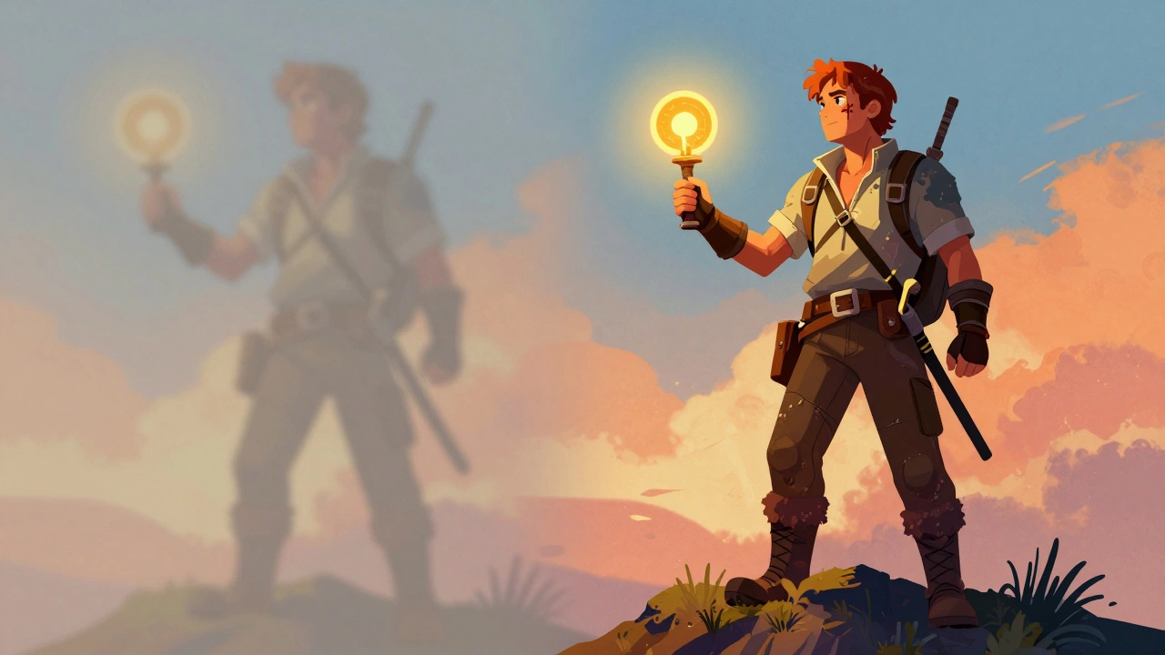 Split image showing an adventurer's evolution from a timid person to a seasoned survivor.