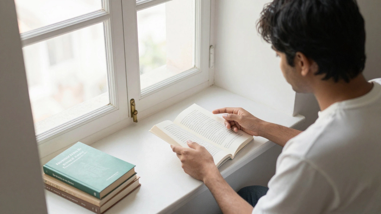 Two friends discussing a book recommendation in a bright, sunny room