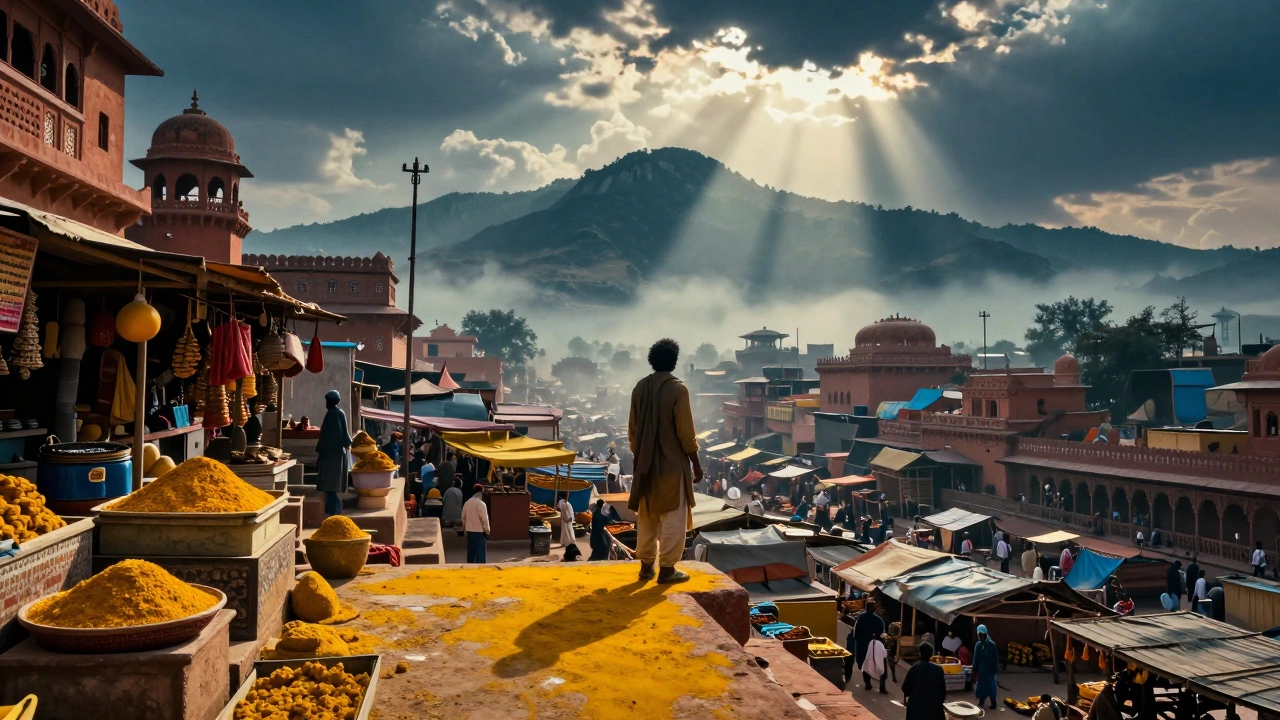 A lone figure facing mountains beyond a vibrant Indian market, illustrating the Hero's Journey