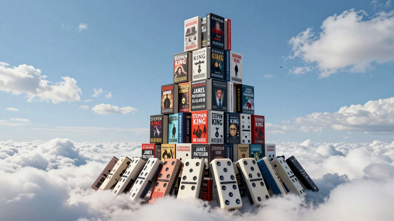A skyscraper made of stacked bestselling books by authors like Stephen King and James Patterson, illustrating wealth through volume.