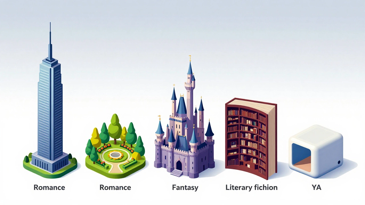 Abstract visualization of different book genres as structures