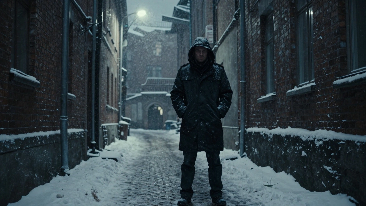Detective in snowy Nordic alleyway representing noir genre