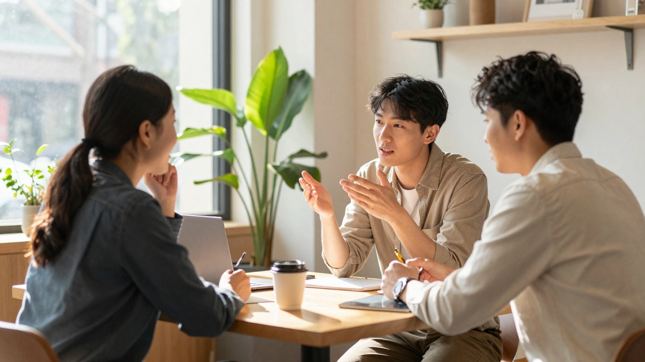 Diverse professionals networking and talking in a sunny cafe
