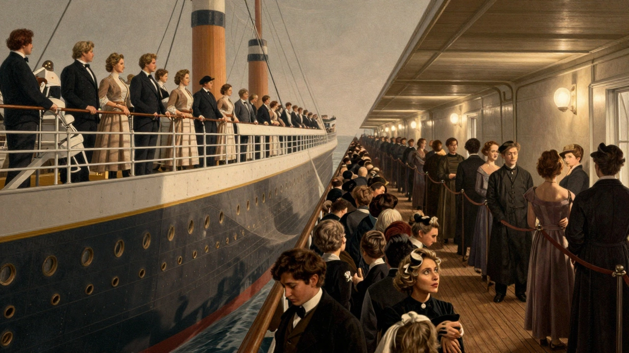 Historical illustration showing class divide during Titanic evacuation