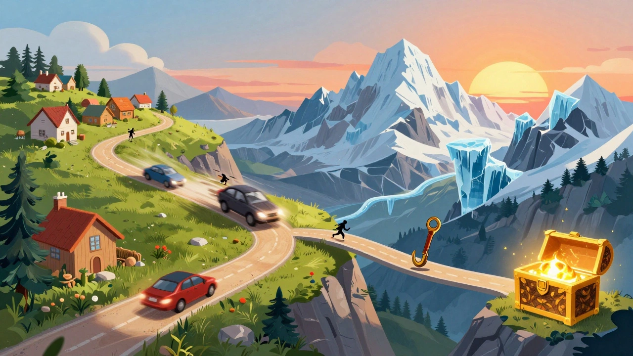 Illustrated timeline of adventure story beats and settings