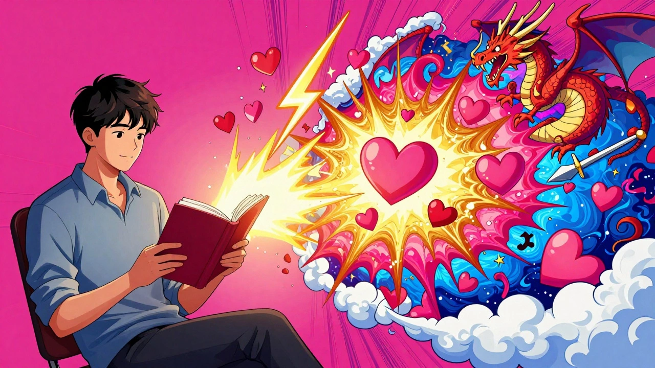 Illustration of emotions and fantasy elements exploding from a book