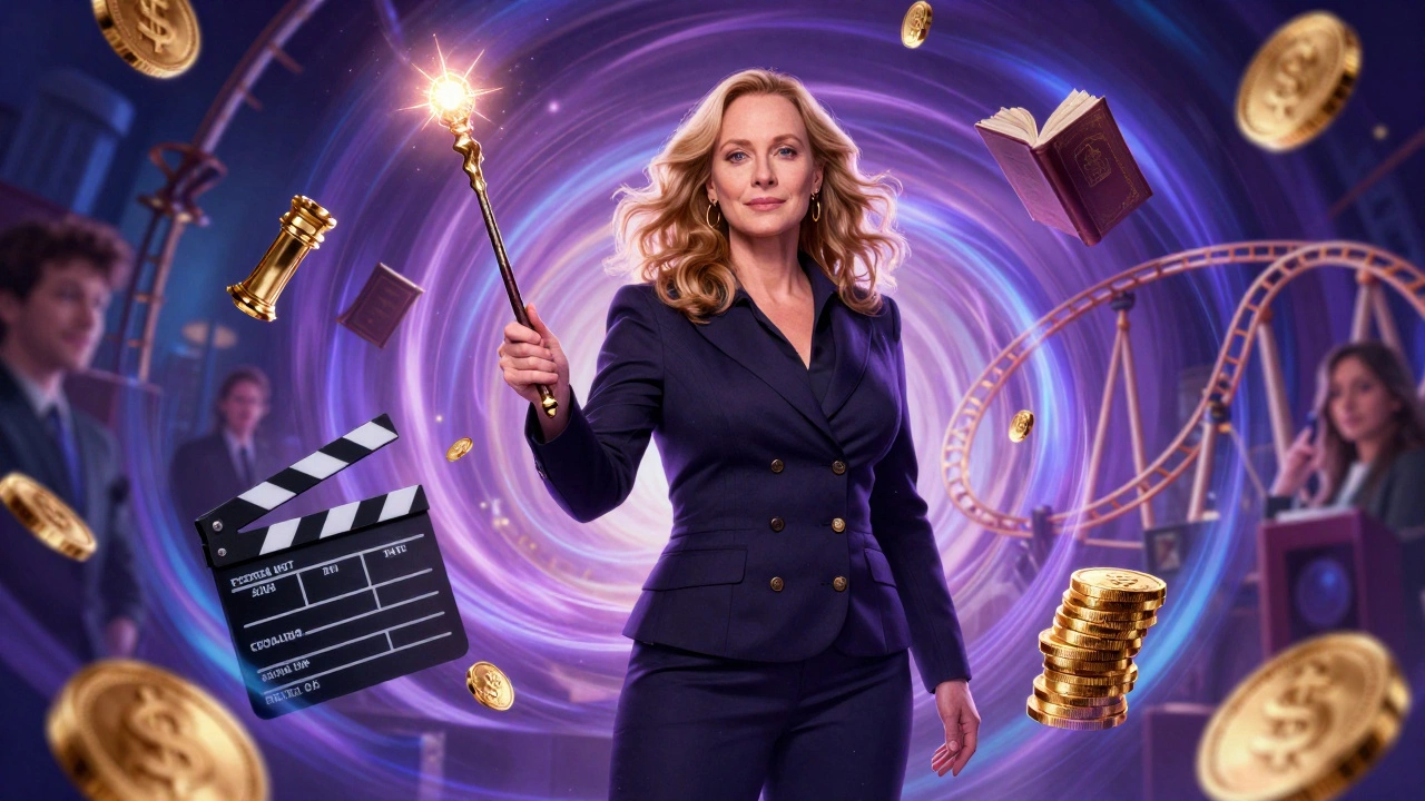Illustration of J.K. Rowling surrounded by Harry Potter merchandise, film reels, and gold coins, representing her billion-dollar franchise.
