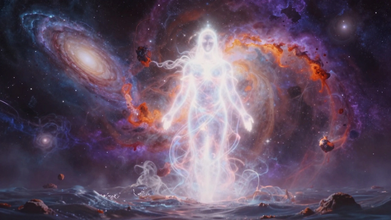 Luminous creator deity emerging from cosmic chaos and stars