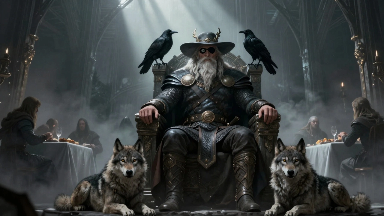 Odin the All-Father sitting in Valhalla with ravens and wolves