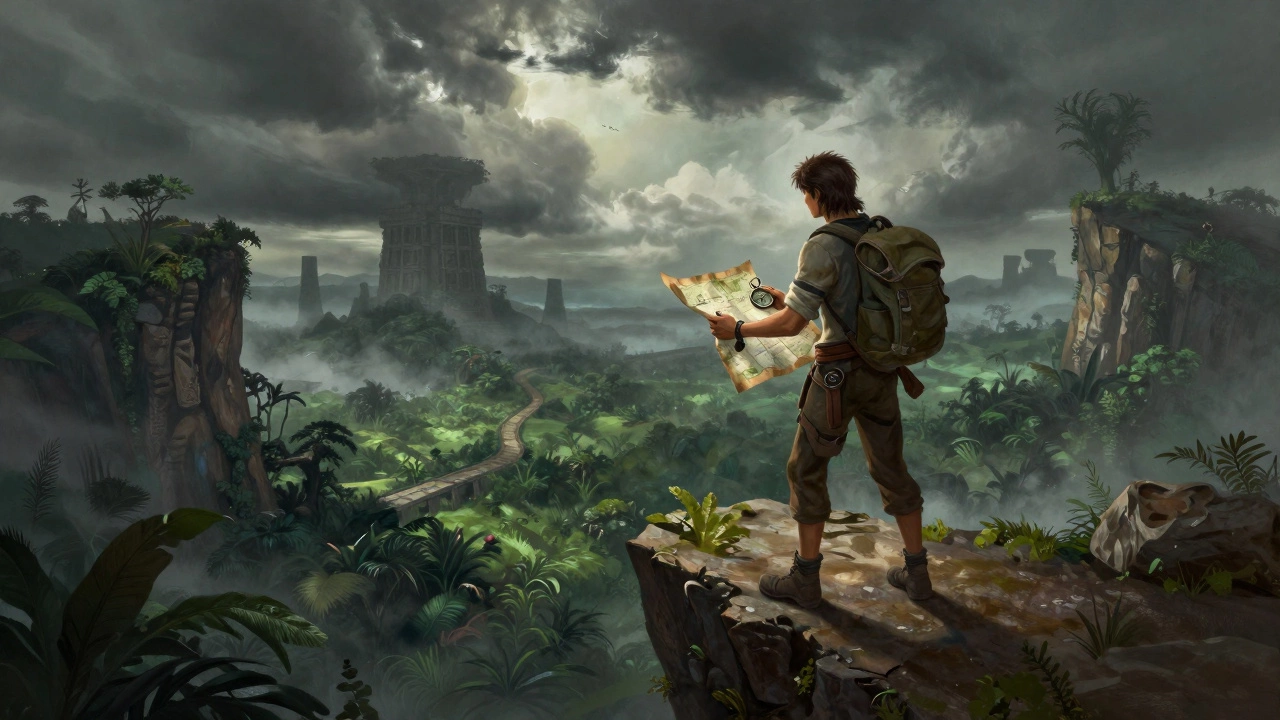 Protagonist with map on cliff overlooking dangerous jungle