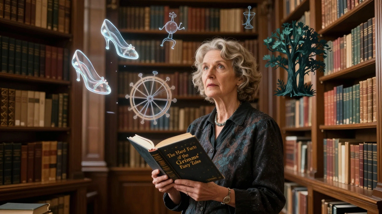 Scholar Maria Tatar in a library surrounded by floating fairy tale symbols.