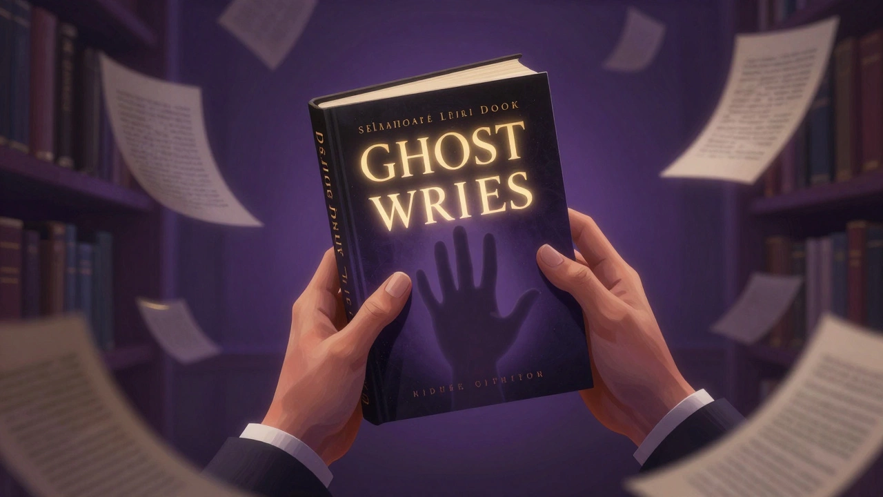 Shadowy hand helping hold a glowing book cover representing ghostwriting