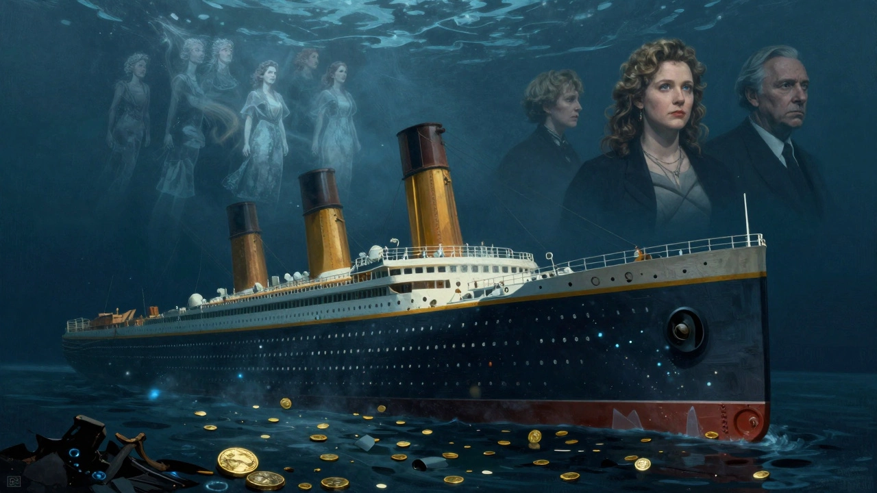 Titanic wreck on ocean floor with fading fictional character silhouettes