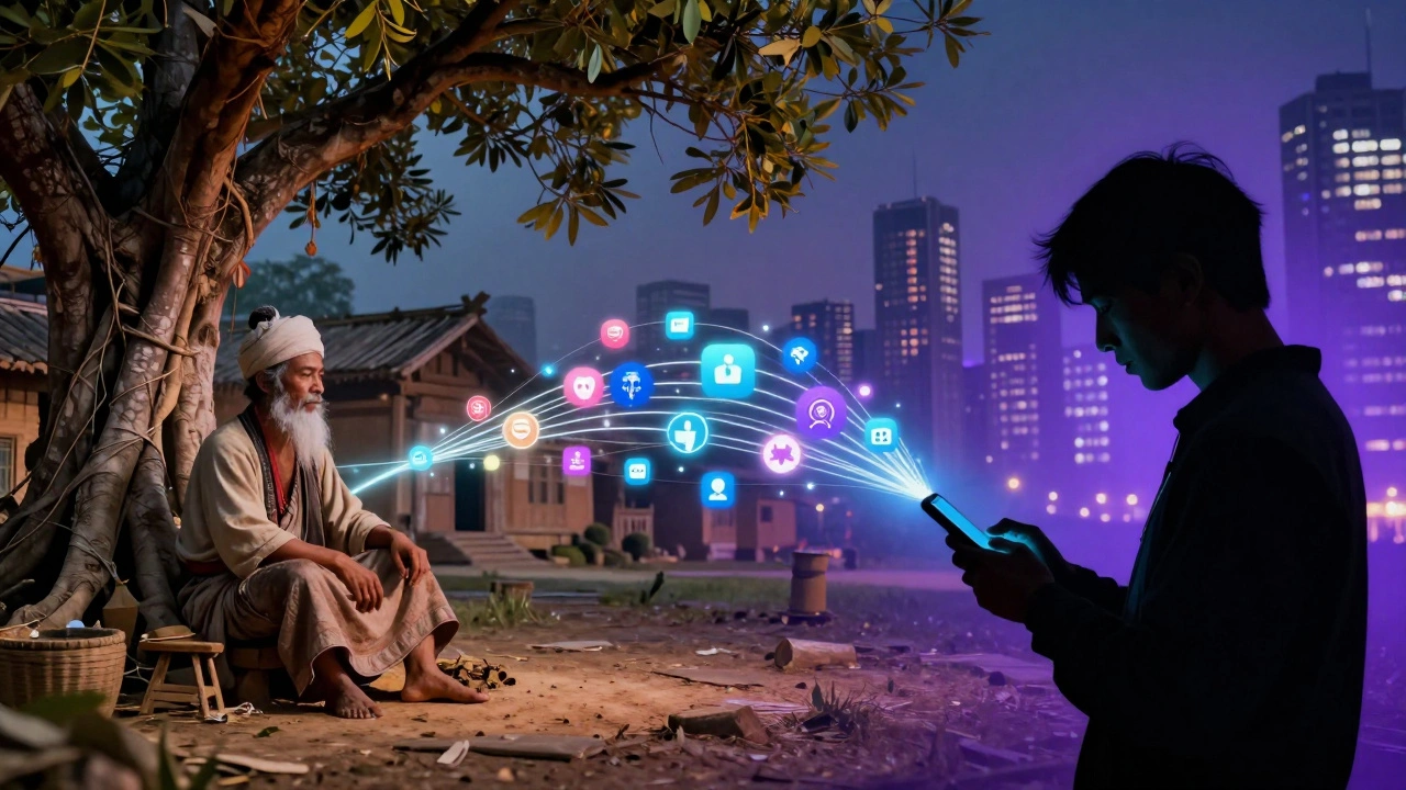 Visual metaphor linking traditional storytelling to modern internet memes.