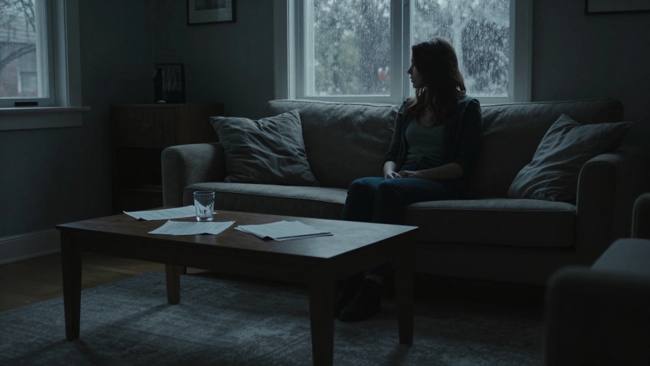 Woman in shadowy living room suggesting psychological thriller