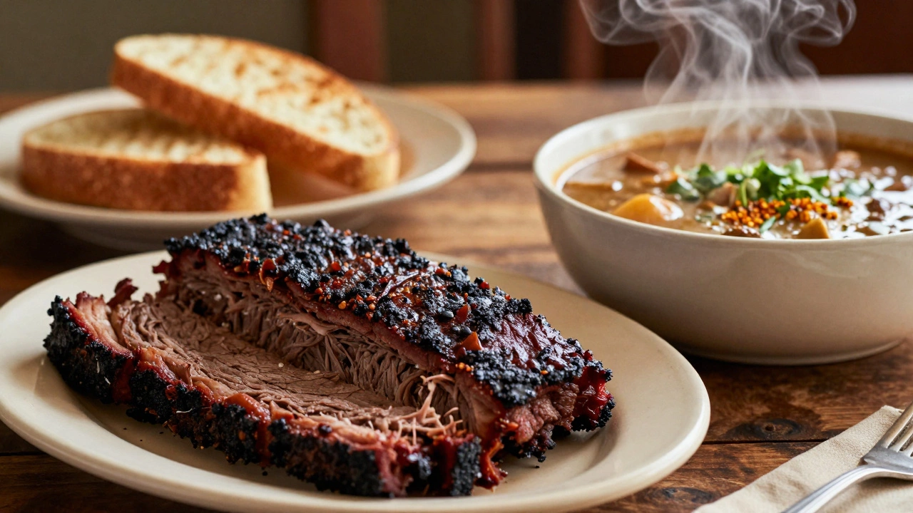 Close-up of Texas BBQ brisket and Louisiana gumbo on a rustic wooden table