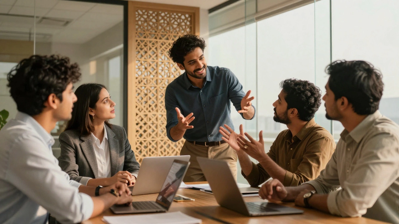 Diverse team collaborating in modern Indian office space