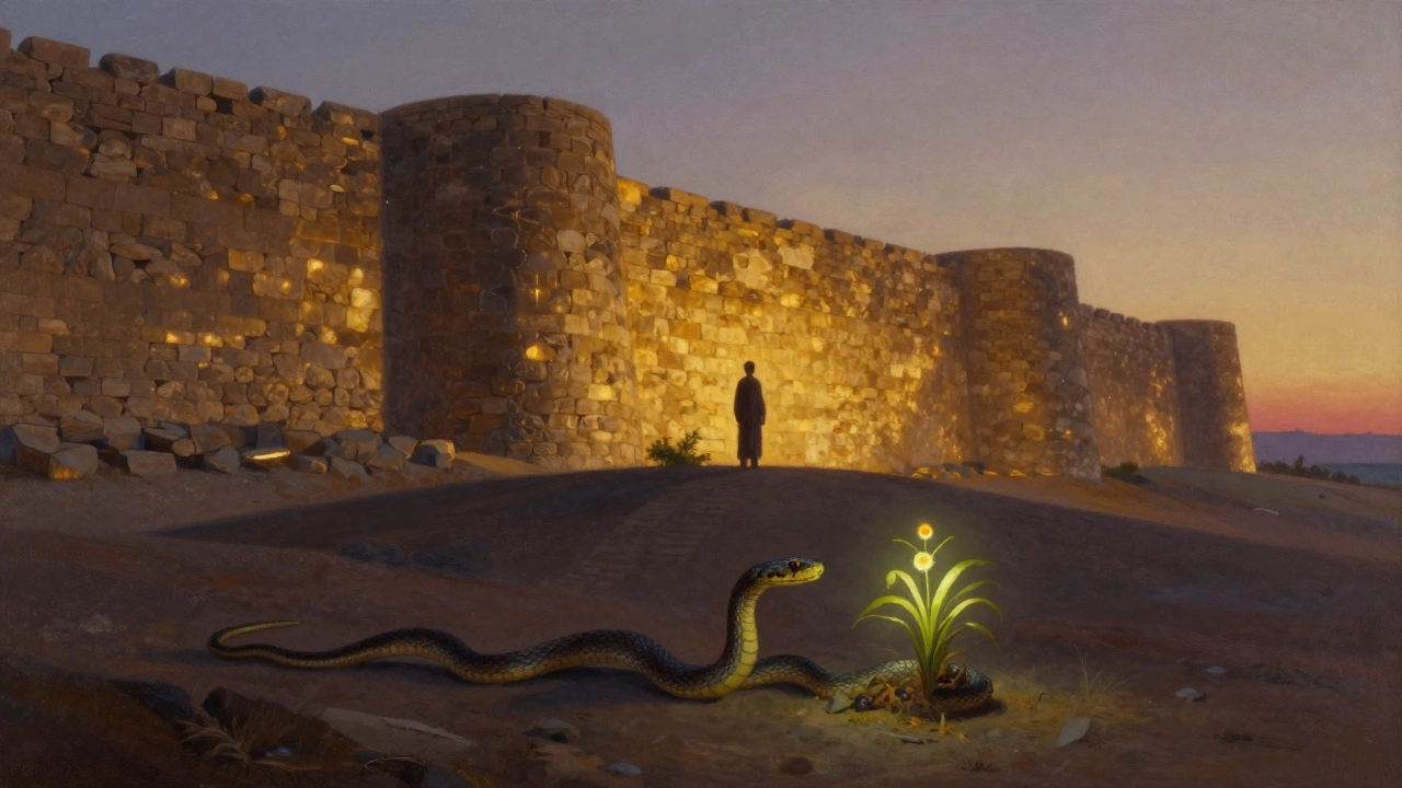 Figure overlooking Uruk walls as a snake steals a plant