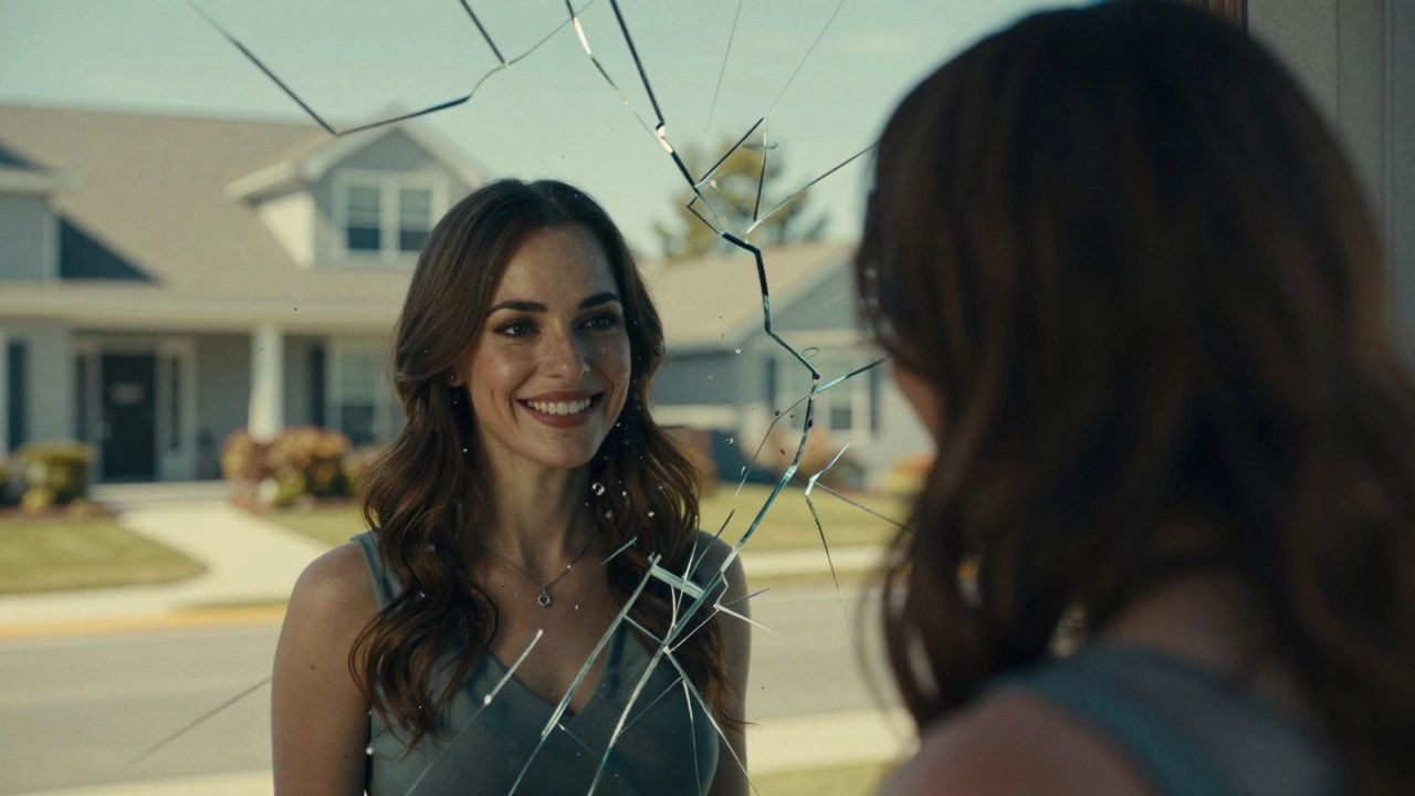 Fractured mirror showing dual personalities of a woman