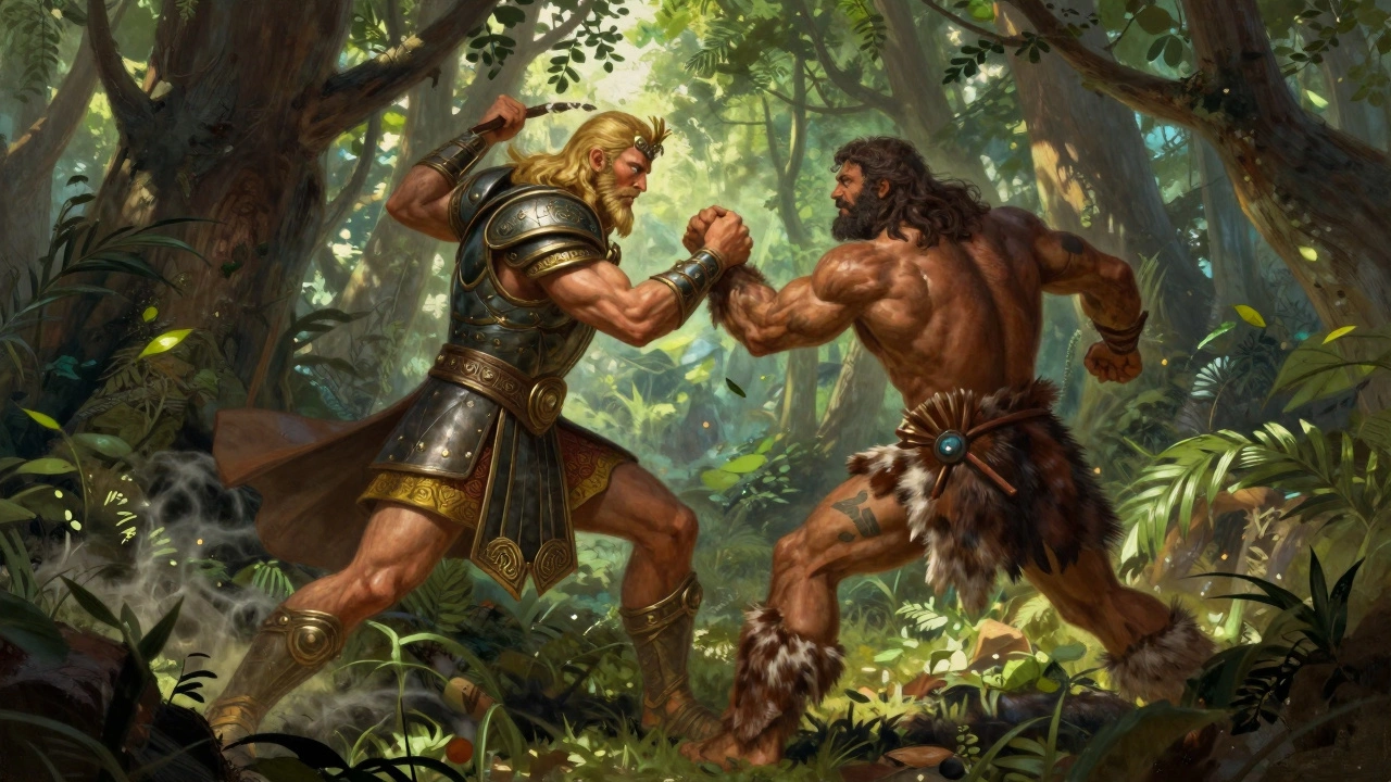 Gilgamesh wrestling Enkidu in a wild cedar forest
