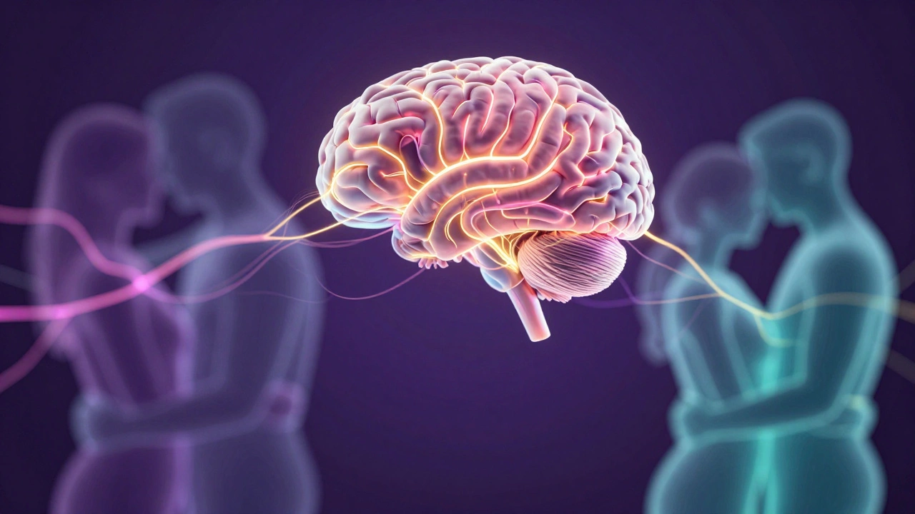Glowing brain with neural connections to embracing figures