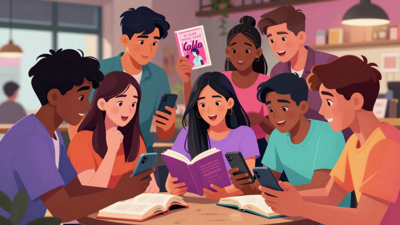 Group of young people excitedly discussing romance books