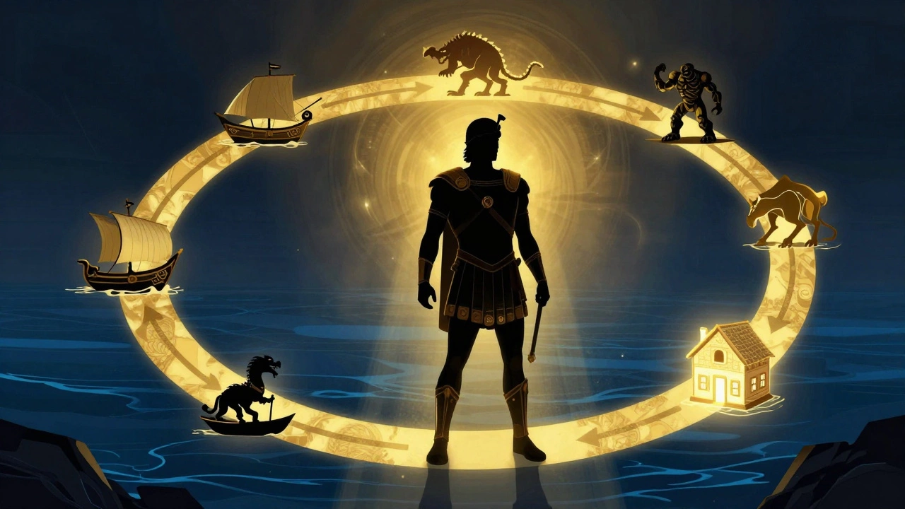 Illustration of hero's journey with warrior and symbols