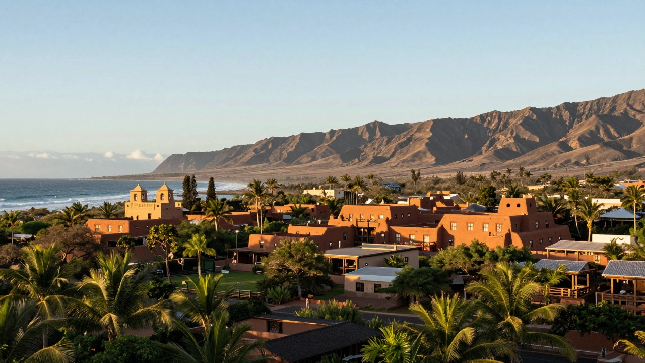 Landscape blending Hawaiian tropical scenery with New Mexico adobe architecture