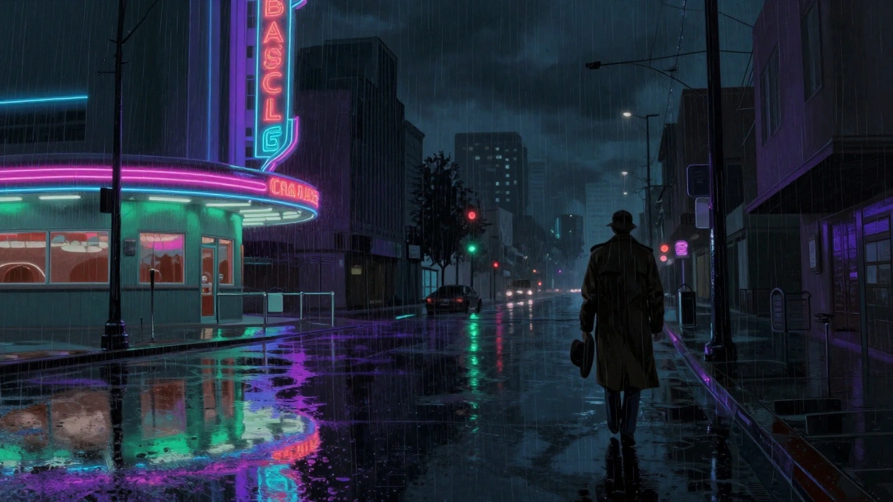 Noir style rainy city street with neon reflections and lone figure