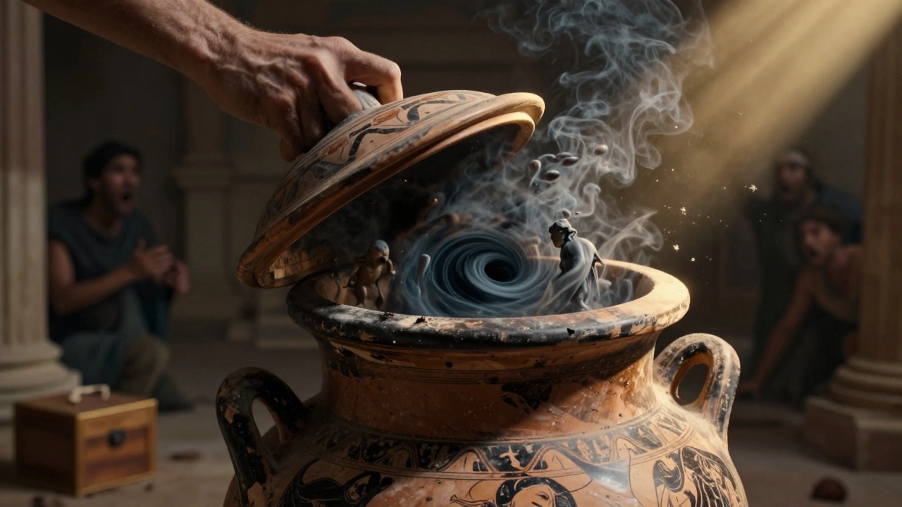 Pandora opening a large clay jar releasing dark smoke and evils.