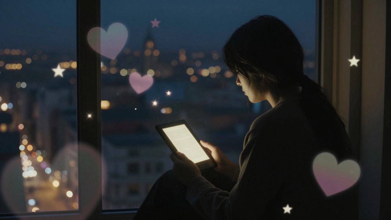 Person reading by window with glowing abstract heart symbols