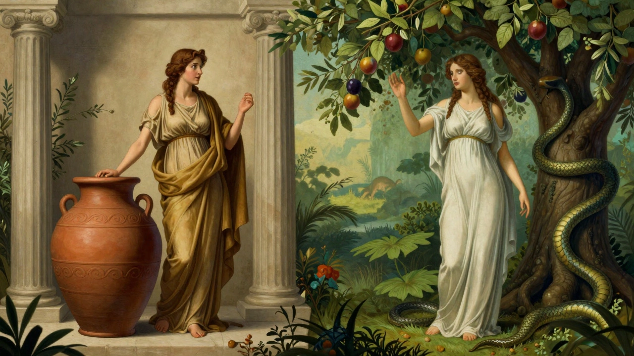 Side-by-side comparison of Pandora with a jar and Eve with a tree.