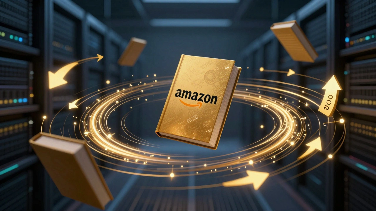 Abstract digital art showing a book surrounded by glowing data streams representing algorithms
