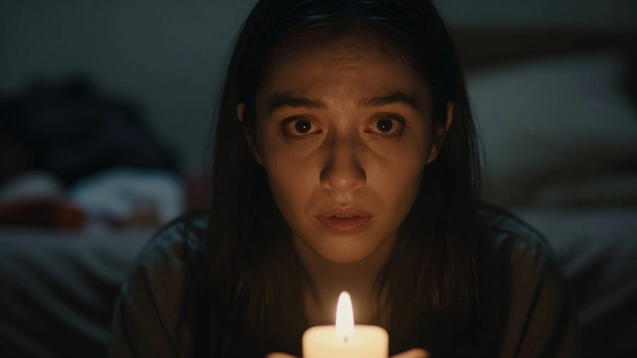 Close-up of fearful face lit by candlelight in dark room